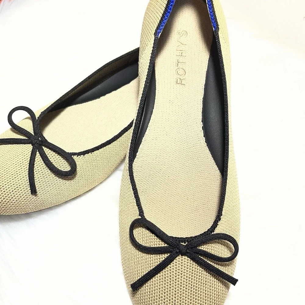 Rothy's The Ballet Flat Neutral Beige Bow Women's 7.5 Casual Comfort Minimalist